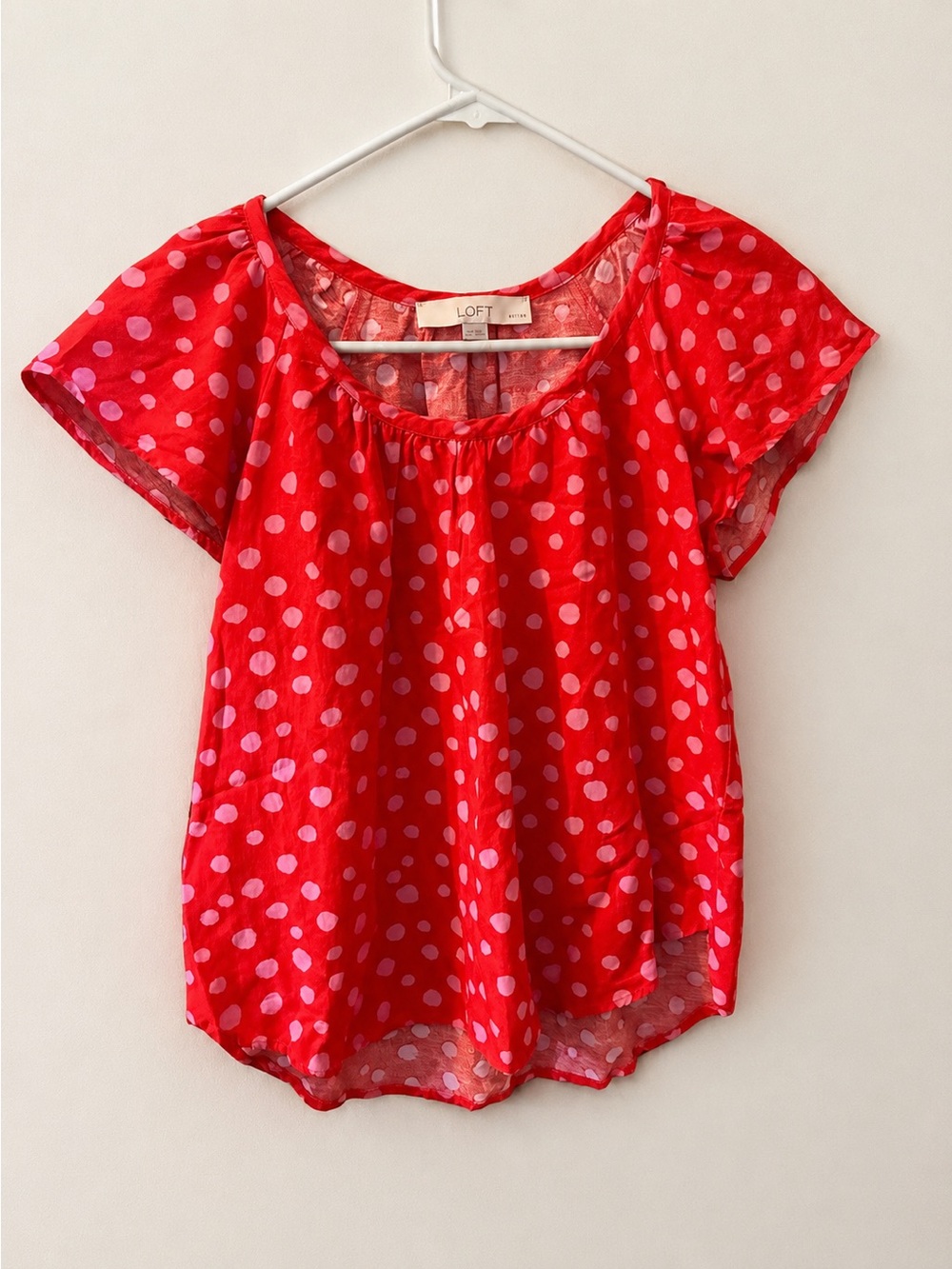 LOFT Petites XSP Red & Pink Polka Dot Flutter Sleeve Blouse